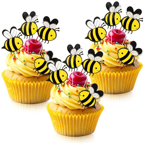 AHQiZFX 30 Stk Biene Kuchen Topper,Biene kuchen deko,Biene Geburtstag Deko,Hummel Cupcake Topper,Glitter Honeycomb Cupcake Picks,Bee Cupcake Topper für Kinder Junge Mädchen Bee Thema Geburtstag Party