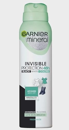 Garnier Invisible Black White Colors Clean Fresh Aloe Deo Spray Anti-Perspirant 0% Alcohol Anti-Marks Quick Dry Enriched with Mineralite150 ml. x 6 (Pack of 6)