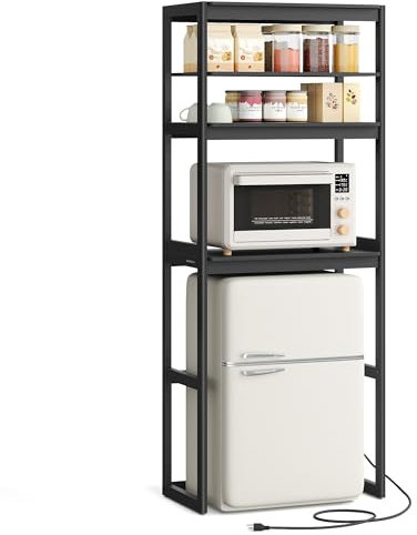 SONGMICS HOME Kitchen Bakers Rack with Power Outlet, 4-Tier Coffee Bar Table with Adjustable Shelf, Mini Fridge Shelf, Microwave Stand, 15.7 x 23.6 x 66.9 Inches, Ink Black UKKS043B01