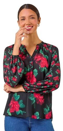 Roman Originals Shirt for Women UK Ladies Top Collarless Blouse Stretchy Tunic Smart Casual Autumn Winter Jersey 3/4 Length Sleeve Notch V Neck Flattering Office Work - Red Green Black - Size 12