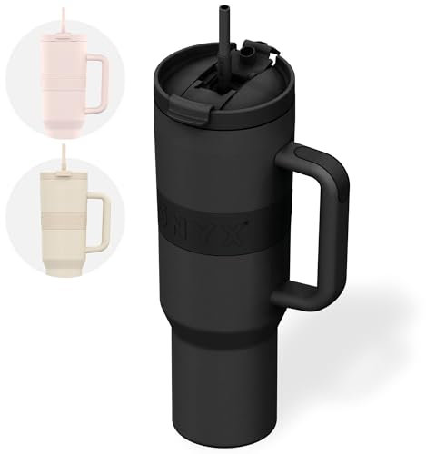 ONYX Trinkflasche mit Strohhalm - 1,2L Thermoskanne auslaufsicher, idealer Kaffeebecher to go, für heiße & kalte Getränke, Thermobecher BPA-frei, Edelstahl Isolierbecher mit Henkel, Schwarz