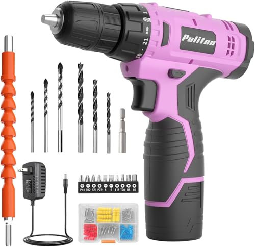 pulituo 12 V Cordless Drill, 3/8 Inch Keyless Drill Chuck, Pink Electric Screwdriver, 21+1 Torque Setting pink