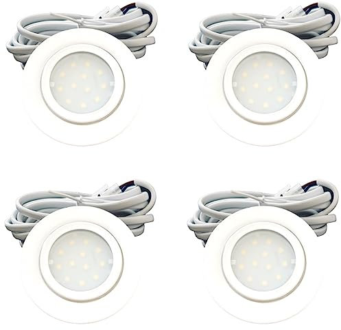 Rolux 4er Set LED Möbeleinbauleuchte Leni 12V 2W Warmweiß 3000K | IP44 flach Ø72mm Einbaustrahler Weiß | 160lm je Spot | inkl. Trafo, AMP-Verteiler & 230V Zuleitung mit Schnurschalter | Küche, Möbel