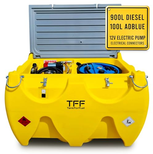 TFF Deposito Gasoil Portátil 900 L con Bomba de Gasoil 12V DC 40 l/min y Depósito de Adblue con Bomba 12 V 20 l/min. Deposito Combustible con Cable de Alimentación, Tubo de 4 m y Pistola de repostaje