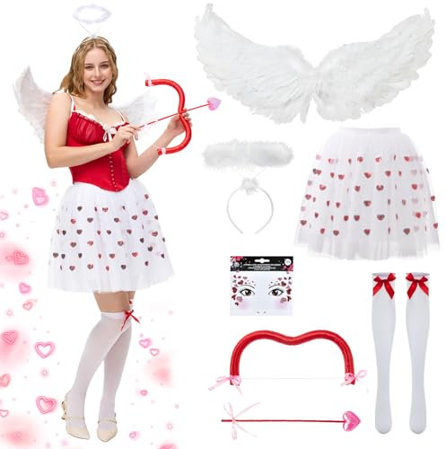 Ulikey Amor Kostüm Damen, Romantische Cupid Engel Kostüme mit Engelsflügel, Heiligenschein Engel, Herzchen BesticktesTutu Rock, Amor Pfeil und Bogen für Valentinstag Karneval (M)
