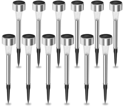 Aigostar Luces Solares Jardín 12 Pcs Lamparas Solares Jardín/Paisaje 6500K IP44 Impermeable, Acero Inoxidable Luz Solar de Césped Para Pasillo, Césped, Patio