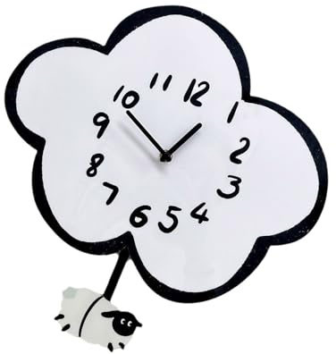 Morain Ruhige Wanduhr mit Cartoon-Wolken, Schaf, mit Pendeln, Schlafzimmerdekoration, batteriebetrieben, Wandbehang