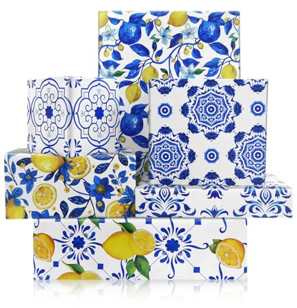 Blue Tiles Geschenkpapier, Vintage-Blau und Weiß, Porzellan, Chinoiserie, Aquarell, 6 gefaltet, flach, 50 x 70 cm pro Blatt, für Geburtstag, Jahrestag, Hochzeit
