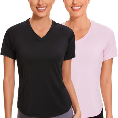 AMZSPORT Maglia Sportiva Donna T-Shirt Trekking Scollo a V Maniche Corte Maglietta Palestra Fitness Estiva, Confezione da 2 Pezzi Nero Rosa Chiaro XL