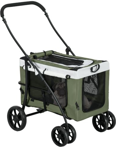 PawHut 2 in 1 Hundewagen Klappbar für Hunde & Katzen bis 10 kg Dunkelgrün | Hundebuggy, Katzenbuggy, Mit Kissen, Netzfenstern, Türen, Aufbewahrungskorb, Katzenwagen, Buggy