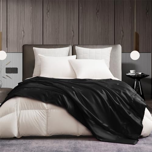 Gezu Kuscheldecke Wohndecke Satin Decke 220x 240 Schwarz Satin Sofadecke Kühlende Seidige Seide Sommerdecke Leicht Weich Luxus Glänzend Tagesdecke für Bett Sofa Couch Schlafzimmer Büro Reisen