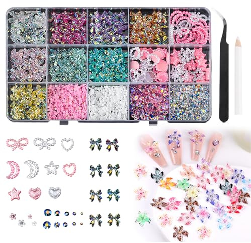 Esoes 700 PCS 3D Nagel Charms 3D Hawaiianische Blume Nagel Strasssteine Rhinestones mit Pick Up Tool für Frauen Mädchen Nagel DIY Zubehör