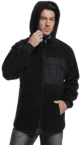 Mnking Giacca Pile Uomo Invernale con Cappuccio Cerniera Sherpa Felpa Polar Hoodie Caldo Termica Lavoro Teddy Cappotto per Outdoor Running Trekking Sci FS6586M-Black-XS
