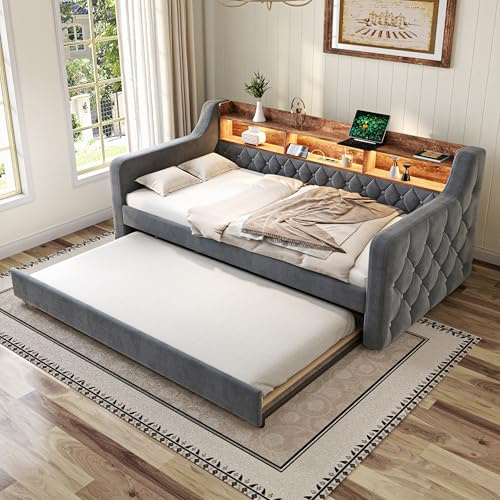 FammyLoft 90*190cm Sofa-Bett mit Ausziehbarem Bett und Stauraum, Daybed mit Samtbezug, LED-Ambiente und USB-Type-C-Anschluss, Schlafcouch, Jugendbett für Wohnzimmer, Gästezimmer & Jugendzimmer, Grau