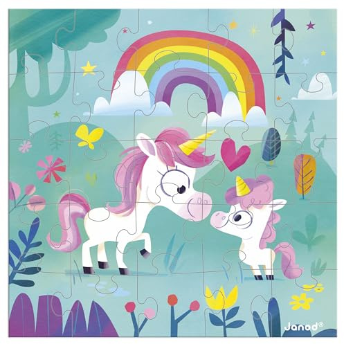 Janod – Grußkarte-Puzzle – Geschenkkarte-Puzzle 25 Teile Einhornfamilie + 1 Karte + 1 Umschlag – Ideal für Geburtstagskarten, Grußkarten – Ab 3 Jahren, Pastel