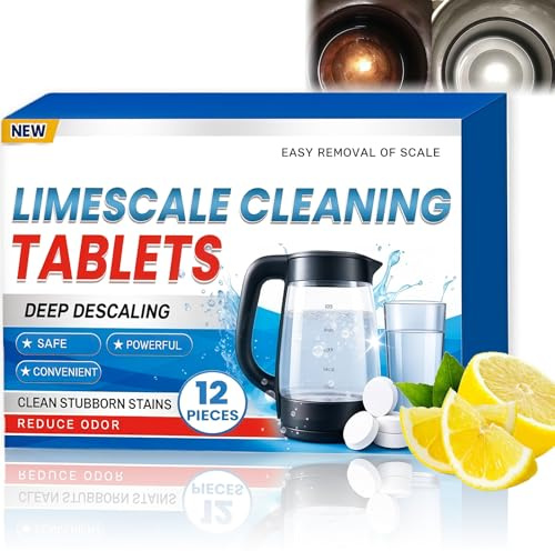 Kettle Descaler Tablets, 12 Pack Limescale Remover Kettle Cleaner, Powerful Descaling Tablets for Stainless Steel, Glass and Plastic Kettles, Easy-to-Use Kettles Cleaner