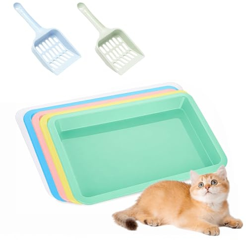 5Pcs Cat Litter Tray, Shallow Small Litter Box with 2 Scoops | Plastic, Open Tray, for Kittens Indoor Cats, Rabbit Bunny Guinea Pig