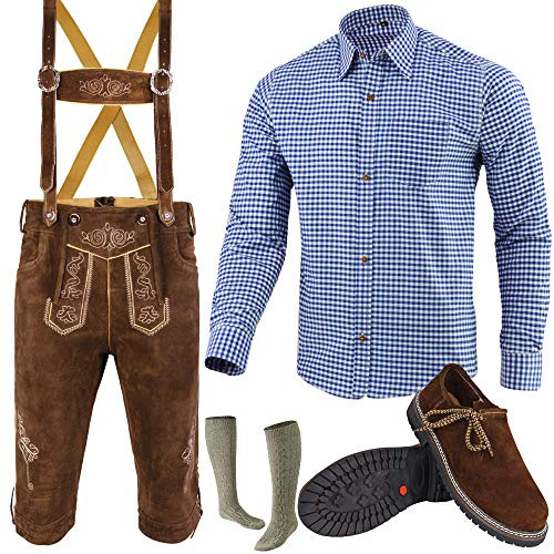 Speed4allkinds Herren Trachtenset Trachten Set Trachtenlederhose + Hosenträger + Trachtenhemd + Trachtensocken + Trachtenschuhe 5 Teiliges Größe 46-62