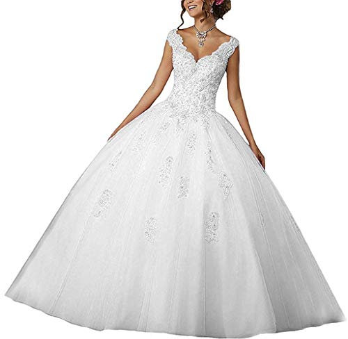 Vantexi Vestidos de quinceañera con cuello en V para mujer, con encaje, vestidos de noche, largos, vestidos de novia, vestidos de fiesta, Blanco, 48