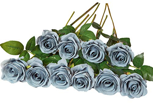 DuHouse 10 Stück künstliche Rosen Seidenblumen Fake Rose 54cm einzelnen Langen Stiel künstlich Blumen Bouquet für Brautstrauß Arrangement Hochzeit Tafelaufsatz Party Haus Küche Dekor(grau blau)