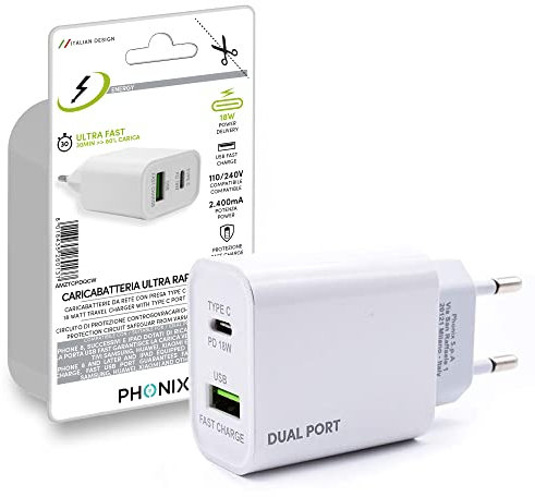 Ladegerät USB C Mehrfach-Wandladegerät für Apple Samsung Huawei Xiaomi | Italienische Garantie Netzteil für iPhone 12 11 Pro Max, Galaxy S21 S20 | Dual PD 18W USB-C und Quick Charge 3.0 USB-A