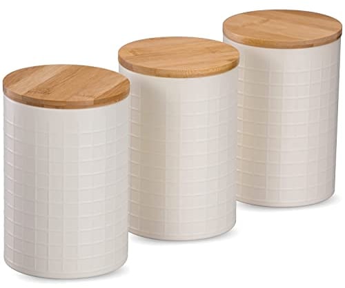 BEVY DESIGNS Set of 3 Airtight Kitchen Canisters Tea Coffee Sugar Set with Bamboo Lid - Cream Tea Coffee Sugar Canisters Set | Multipurpose Decorative Storage Containers Jar (Large | Matt Cream)