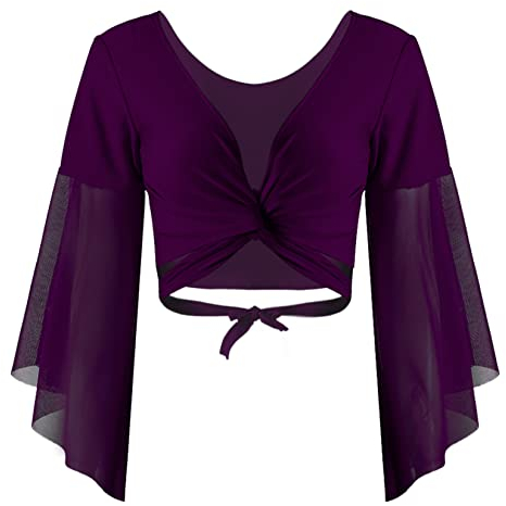 Jowowha Damen Bolero Jäckchen Bauchtanz Kostüm Schulterjacke Langarm Shrug Cardigan Tops Latein Tanz Ballettjacke Kurz Oberteile Dunkel Lila Einheitsgröße