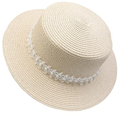 JK Home Pliable Chapeau de Soleil Femme Panama en Paille Capeline Large Bord avec Ruban Mariage Plage Beige