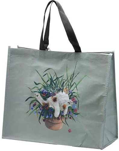 Puckator Kim Haskins Floral Cat in Plant Pot Green Reusable Shopping Bag Out Of Recycled Plastic Bottles - Handbags for Women - Canvas Tote Bags for Women Hand Bag Large Ladies Bags Aesthetic Stuff