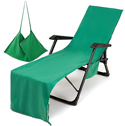 Morbuy Liegestuhl Handtuch mit Taschen, Einfarbig Strandtuch für Liegen Strandliegen Handtuch Handtücher für Strandliegen Mikrofaser Leicht Strandtuch, Kapuze für Besseren Halt (grün)