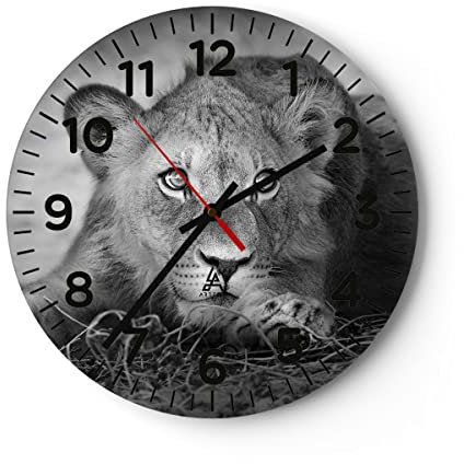 Modern Wanduhr Löwe asiatisch Porträt 40x40cm Rund Groß Wand Uhr Glas Analog Zimmeruhren Küche Büro Wohnzimmer Glasuhr Wall Clock Dekoration Design Wanddekoration Küchenuhr C4AR40x40-4840