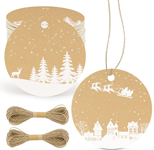 100 Stück Weihnachten Geschenkanhänger Braun Etiketten Anhänger zum Beschriften Christmas mit Juteschnur Weihnachtsanhänger Papieranhänger zum Basteln für Geschenkverpackung Weihnachtsbaum