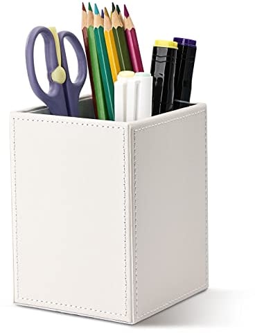 GORESE Porte-stylo en Cuir, Carré Pot a Crayon Boîte à Stylo de Bureau Multifonctionnel Organisateur de Bureau Stylo Tasse Organisateur Porte-pinceau de Maquillage (Blanc)