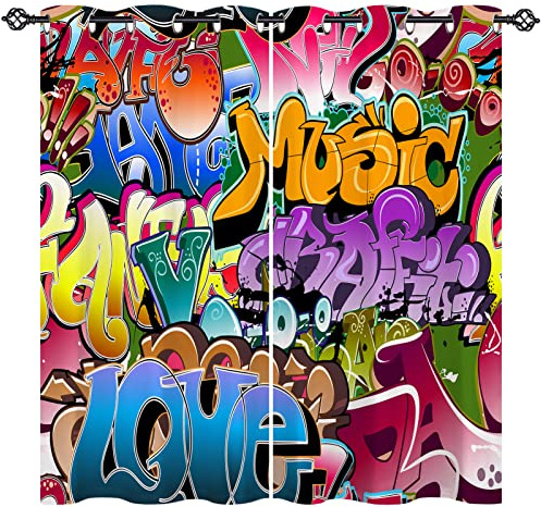 ANHOPE Bunte Städtisch Graffiti Gardinen Blickdichte mit Ösen Kinder Jungen Mädchen Thermo Vorhänge Blackout Curtain Vorhang Wohnzimmer Schlafzimmer Verdunklungsvorhänge 2er Set H 138 x B 117 cm