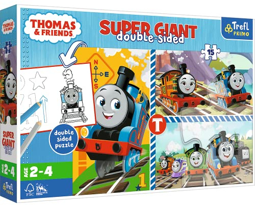 Trefl Primo - Thomas & Friends, Thomas Spiele - 3-in-1: Puzzle mit 15 Extra Großen Teilen, Ausmalbuch, Spiel mit Ausmal-Elementen, Puzzle mit Tom & Friends Märchenfiguren, für Kinder ab 2 Jahren