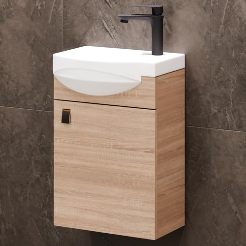 Planetmöbel Badmöbel Set Waschtisch mit Unterschrank 40 x 60 x 29 cm mit Waschtischarmatur schwarz für Badezimmer, Gäste WC & Bad, Sonoma Eiche