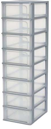 Iris Ohyama Plastic Storage Drawers Unit, 8 Shallow Drawers, Grey, Easy-Pull Drawers, A4, A5 & A6 Format, File Organiser, For Office, School, Stationary, BPA Free, Chest, Tower, OCH-2008