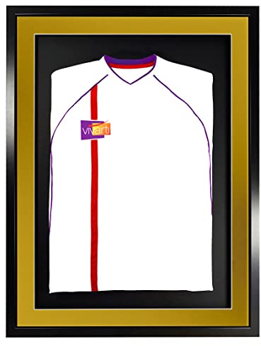 Vivarti DIY Adult 3D Mounted Sports Shirt Display Frame for Football Shirt, Rugby Shirt, Band T-Shirt Shadow Box - 60 x 80cm - Black Frame, Gold Mount, Black Backing Card