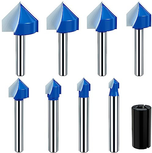 Vipbhtool 1/4 Inch Shank 90 Degree V Groove Router Bit Set Solid Carbide Double Flute CNC Engraving V Groove Router Bit Woodworking Tool- 1/4 5/16 3/8 1/2 5/8 3/4 7/8 1 Cutting Diameter