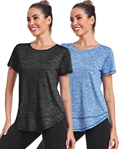 Deaviya Women's Sports T-Shirt Gym Tops, Short Sleeve Workout Casual Running Tops, Ladies Gym Yoga Sports Top, Crew Neck Fitness T-Shirts for Women, Loose Side Split Tee,Black+Blue XXL