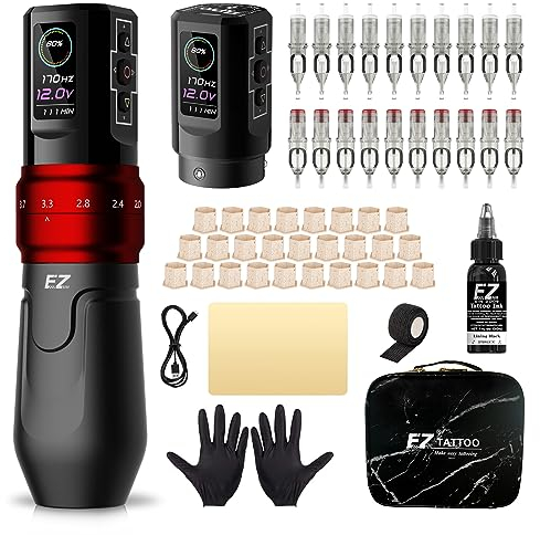 EZ Tattoo Kit - Tattoo Machine Kit Complete with 6 Strokes 2mm-4.2mm Wireless Tattoo Machine Pen with 1600mAh Battery Power Supply for Tattoo Beginners and Tattoo Artists (P3 Pro Matte Red)