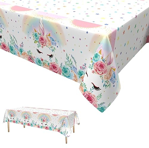 Einhorn Tischdecke - Regenbogen Party Tischtuch für Mädchen Geburtstag, Rosa, Wasserdicht, Plastik für Kinder Babyparty Dekorationen 137 x 274cm