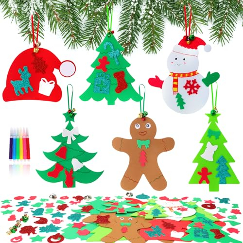 DPKOW 150+ Kits de Manualidades navideñas para niños, 18 Adornos Colgantes de Navidad árbol de Navidad de Espuma, muñeco de Nieve, Papá Noel Colgante para niños Christmas DIY Craft