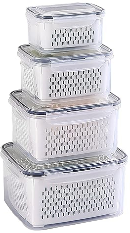Kongming Boite Conservation Alimentaire Organisateur Rangement Frigo Boite De Rangement Frigo Avec Couvercle et Crible Séparable pour Fruits Légumes Salades Œufs 4,15L+3,15L + 1,7L + 0,8L