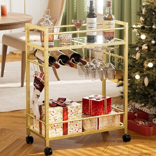 Homedawn Barwagen, Servierwagen für Zuhause, Mikrowellenwagen, Getränkewagen, mobiles Küchenregal mit Weinregal und Glashalter, rollender Getränkewagen für Esszimmer (Gold)