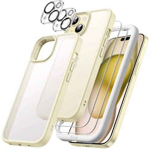 JETech 5 in 1 Matte Hülle für iPhone 15 6,1 Zoll mit 2 Stück Jeweils Gehärtetem Glas Schutzfolie und Kameraschutz, Transluzente Rückseite Stoßfest (Gelb)