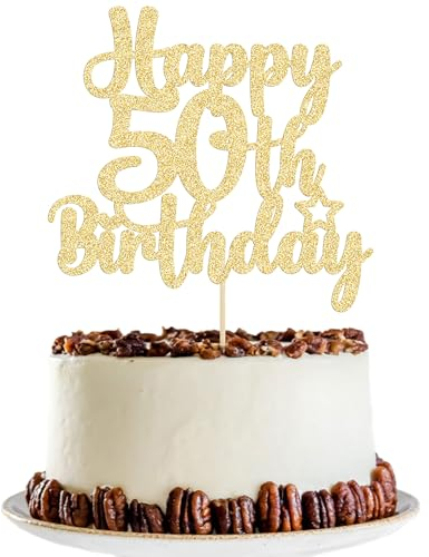 Gyufise 1Pc Happy 50th Birthday Cake Topper Glitter 50 & Fabulous Cheers to 50 Years Old 50th Birthday Cake Pick for Celebrating 50th Birthday Anniversary Party Cake Decorations Gold