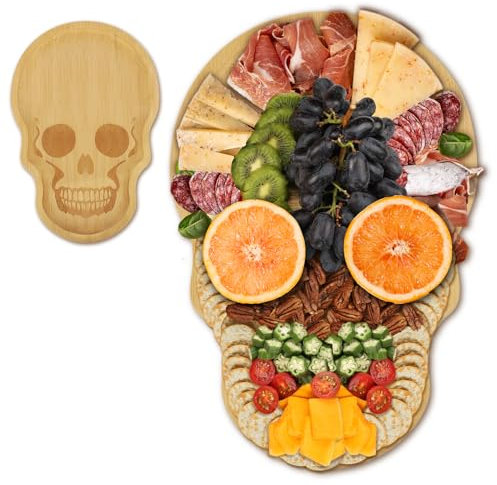 Funny Skull Aperitif Board XILAZAB Unique Large Bamboo Wood Halloween Charcuterie Cheese Cutting Board Spooky Skeleton Decorative Serving Platter Tray for Thanksgiving Christmas Housewarming Party