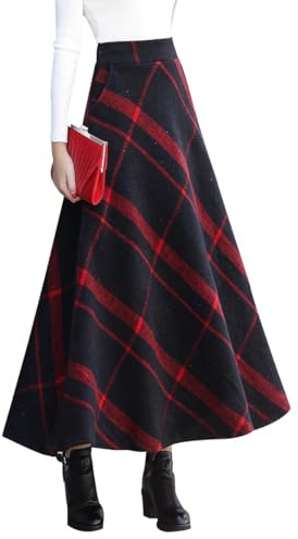 Artykey Jupe Longue Femme Hiver Vintage Élégant Taille Haute Carreaux Taille élastique Maxi Jupe Laine Chaud A-Line Plissée Jupe Casual Party A Blue Rouge XXL