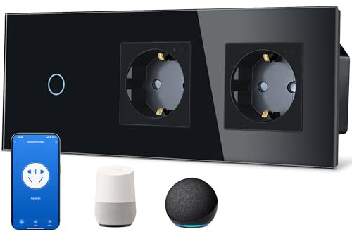 TAWOIA Interruttore della luce intelligente 1 scomparto a 1 via, con presa Wi-Fi, 2 scomparti, 16A, controllo app, lavoro con Alexa, telaio in vetro, 86 x 157 mm, nero, Wi-Fi solo 2,4 GHz